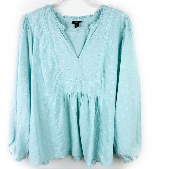 Torrid Clip Dot Mixed Eyelet Yoke Detail Top in Canal Blue  size: 3X - Picture 3 of 11